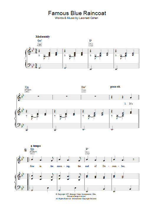 Leonard Cohen Famous Blue Raincoat Sheet Music Notes & Chords for Lyrics & Chords - Download or Print PDF