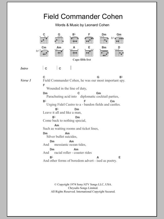 Leonard Cohen Field Commander Cohen Sheet Music Notes & Chords for Lyrics & Chords - Download or Print PDF