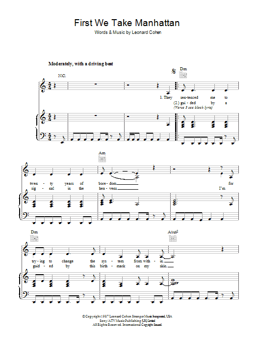 Leonard Cohen First We Take Manhattan Sheet Music Notes & Chords for Lyrics & Chords - Download or Print PDF