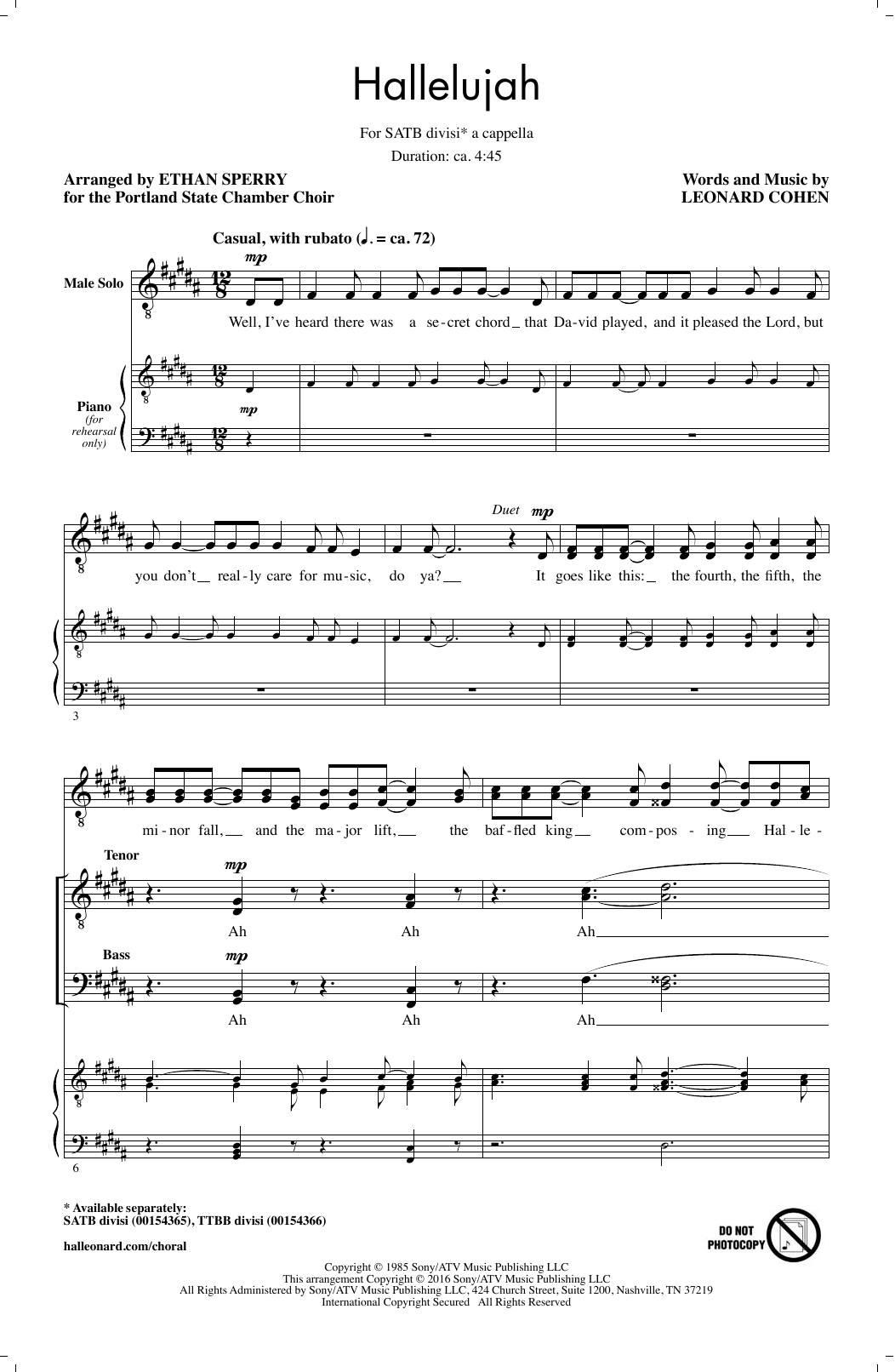 Leonard Cohen Hallelujah (arr. Ethan Sperry) Sheet Music Notes & Chords for TTBB - Download or Print PDF