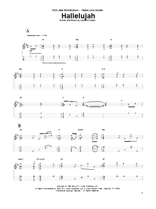 Leonard Cohen Hallelujah (arr. Jake Shimabukuro) Sheet Music Notes & Chords for UKETAB - Download or Print PDF