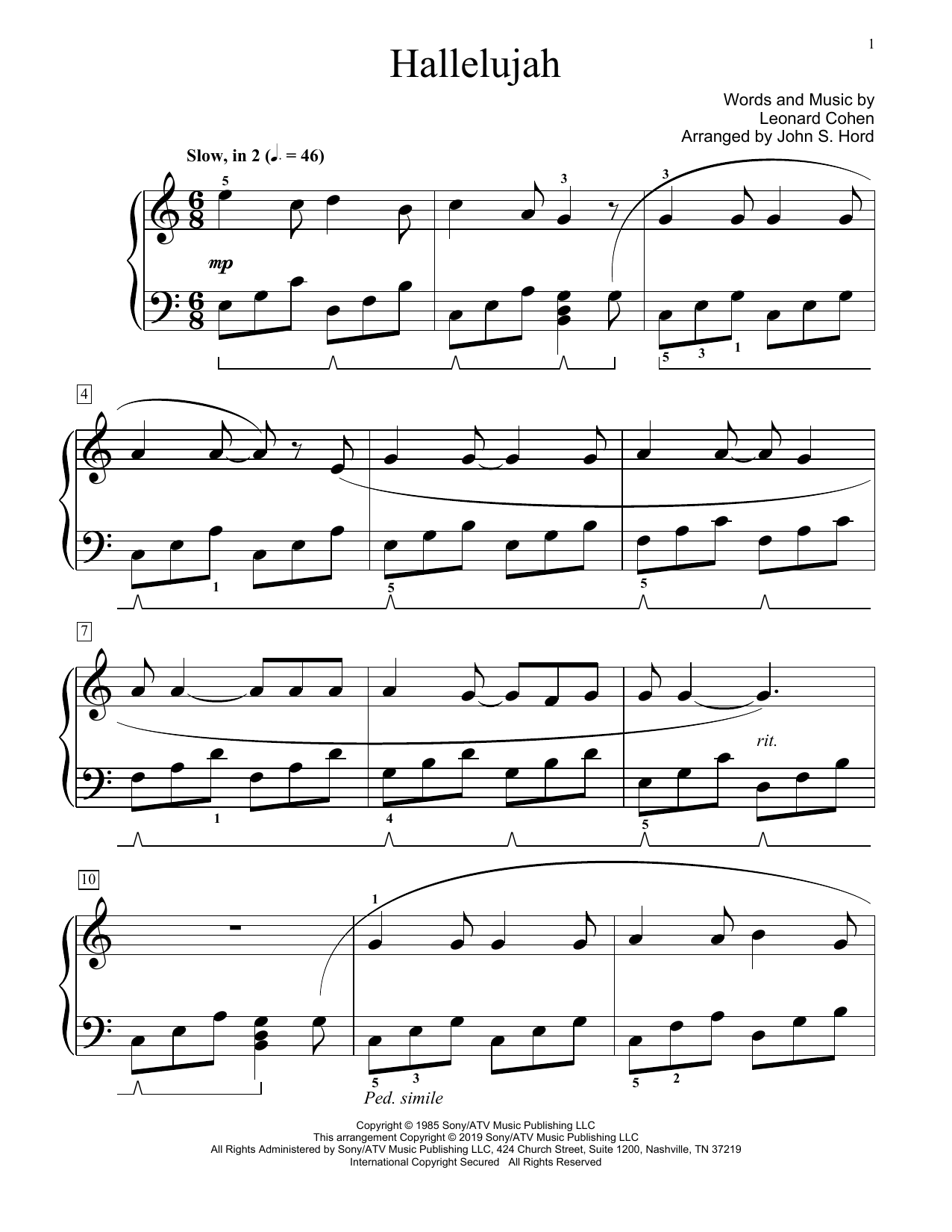 Leonard Cohen Hallelujah (arr. John S. Hord) Sheet Music Notes & Chords for Educational Piano - Download or Print PDF