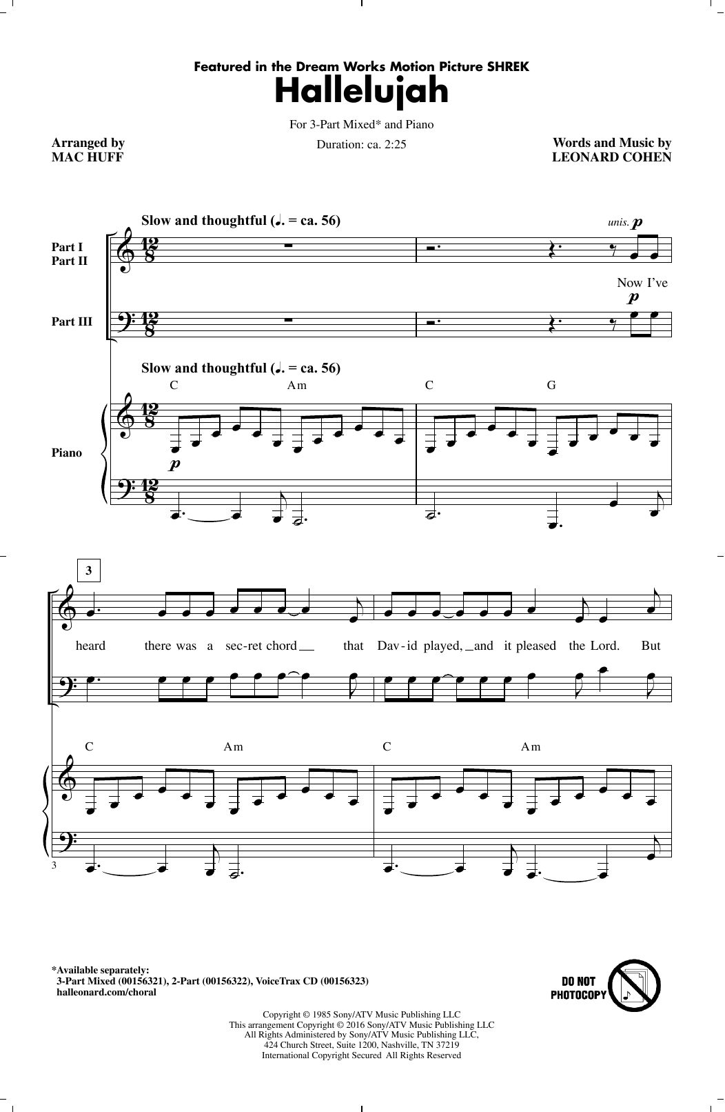 Leonard Cohen Hallelujah (arr. Mac Huff) Sheet Music Notes & Chords for 3-Part Mixed - Download or Print PDF