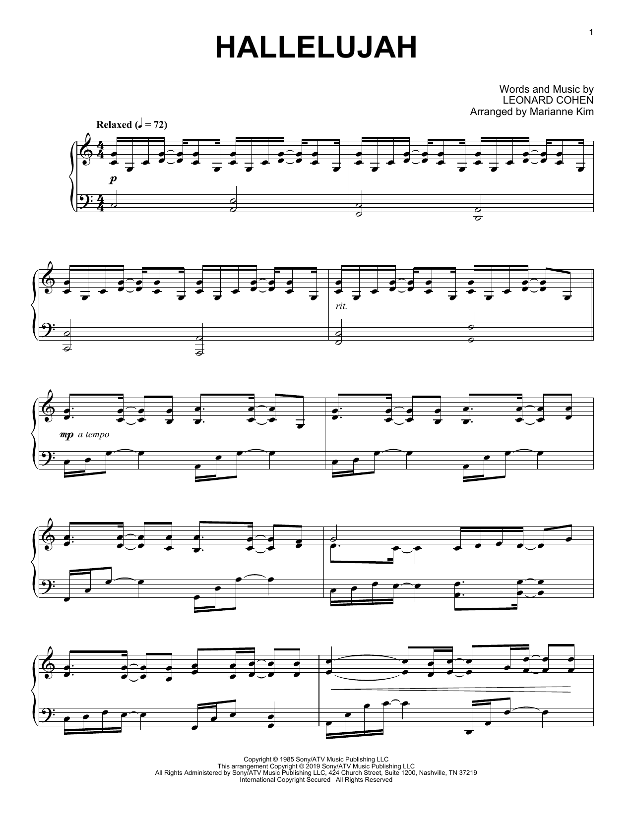 Leonard Cohen Hallelujah (arr. Marianne Kim) Sheet Music Notes & Chords for Piano Solo - Download or Print PDF