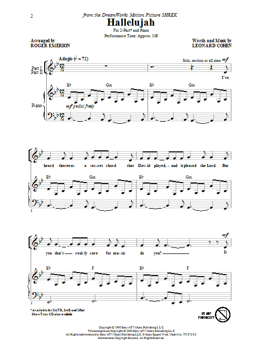 Leonard Cohen Hallelujah (arr. Roger Emerson) Sheet Music Notes & Chords for 2-Part Choir - Download or Print PDF