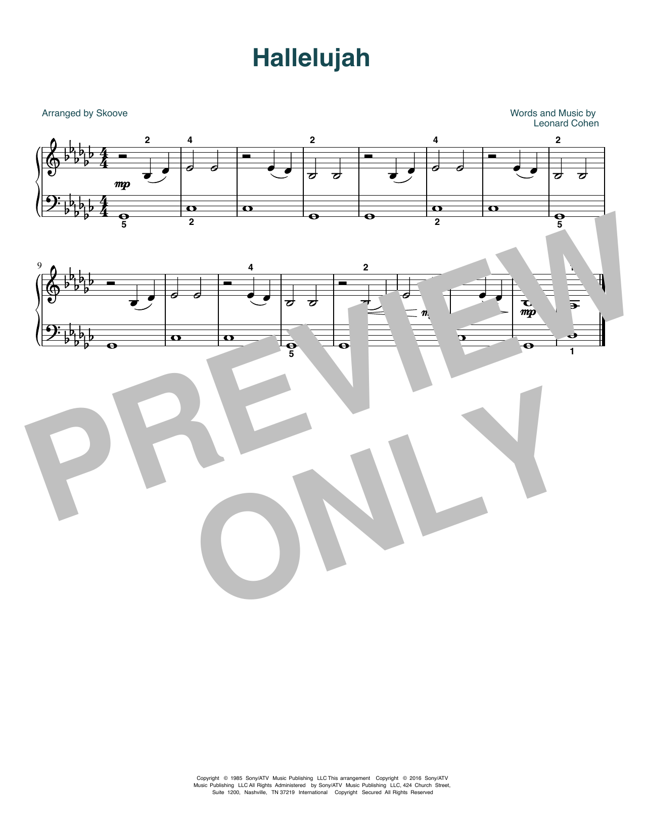Leonard Cohen Hallelujah (arr. Skoove) Sheet Music Notes & Chords for Beginner Piano (Abridged) - Download or Print PDF