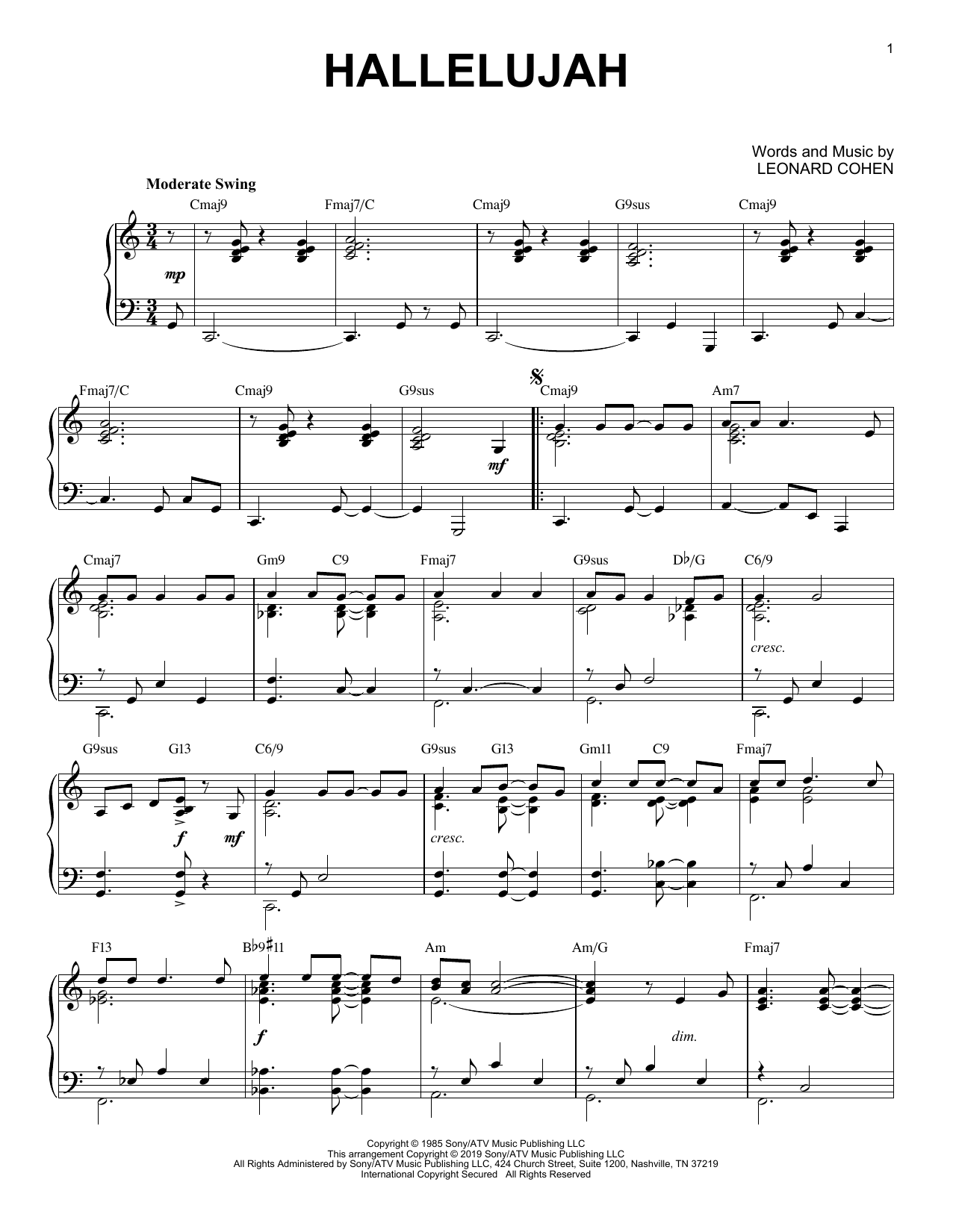 Leonard Cohen Hallelujah [Jazz version] Sheet Music Notes & Chords for Piano Solo - Download or Print PDF