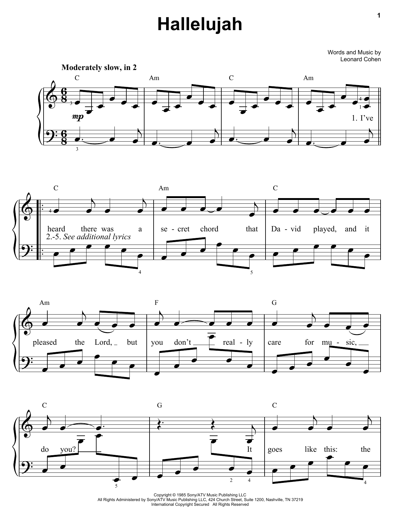 Leonard Cohen Hallelujah Sheet Music Notes & Chords for Lyrics & Chords - Download or Print PDF