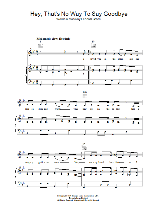 Leonard Cohen Hey, That's No Way To Say Goodbye Sheet Music Notes & Chords for Piano - Download or Print PDF