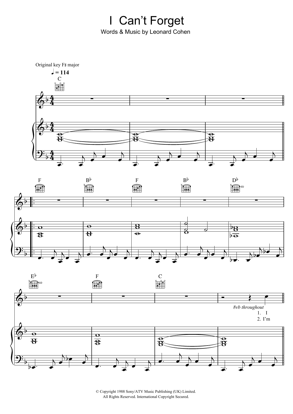 Leonard Cohen I Can't Forget Sheet Music Notes & Chords for Lyrics & Chords - Download or Print PDF