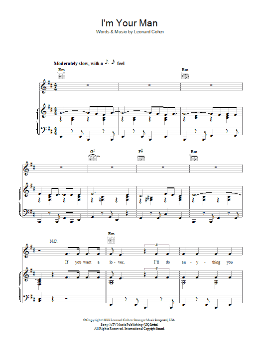 Leonard Cohen I'm Your Man Sheet Music Notes & Chords for Piano, Vocal & Guitar (Right-Hand Melody) - Download or Print PDF