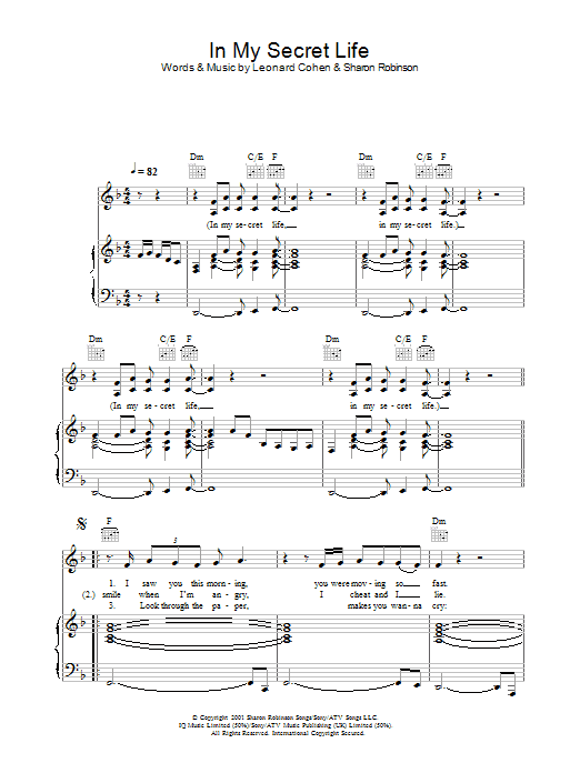 Leonard Cohen In My Secret Life Sheet Music Notes & Chords for Lyrics & Chords - Download or Print PDF