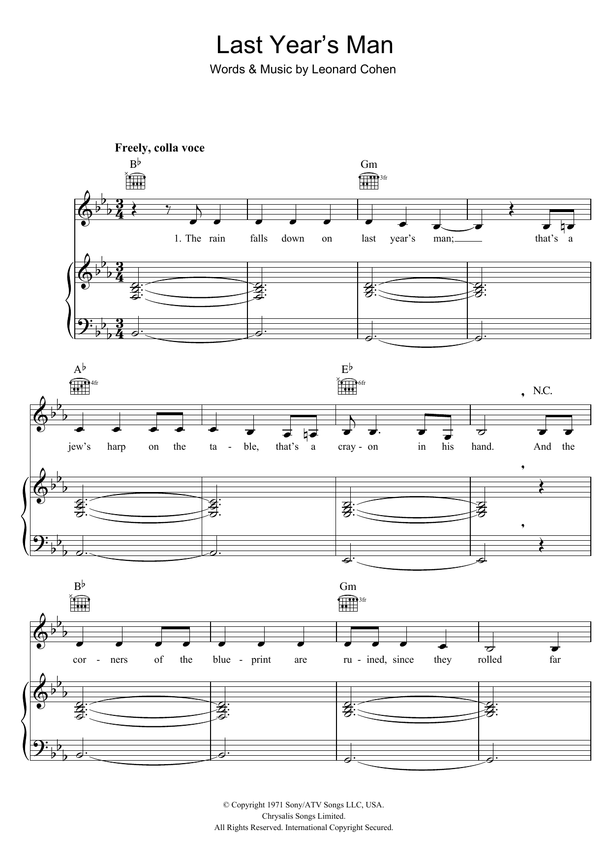 Leonard Cohen Last Year's Man Sheet Music Notes & Chords for Piano, Vocal & Guitar - Download or Print PDF