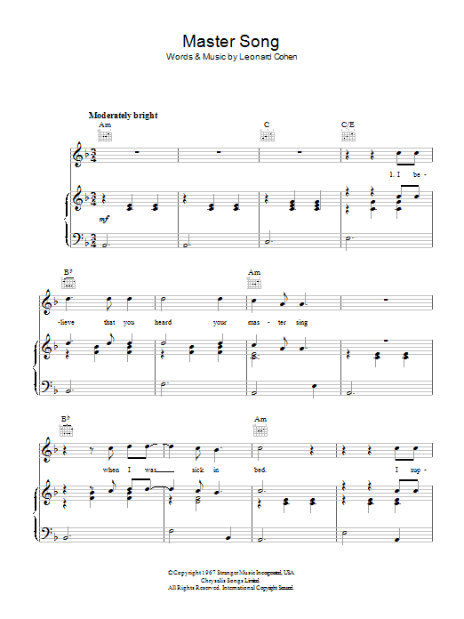 Leonard Cohen Master Song Sheet Music Notes & Chords for Piano, Vocal & Guitar (Right-Hand Melody) - Download or Print PDF