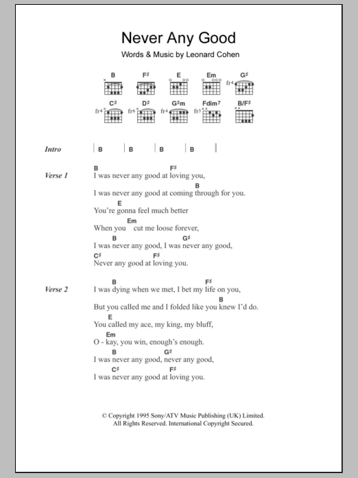 Leonard Cohen Never Any Good Sheet Music Notes & Chords for Lyrics & Chords - Download or Print PDF