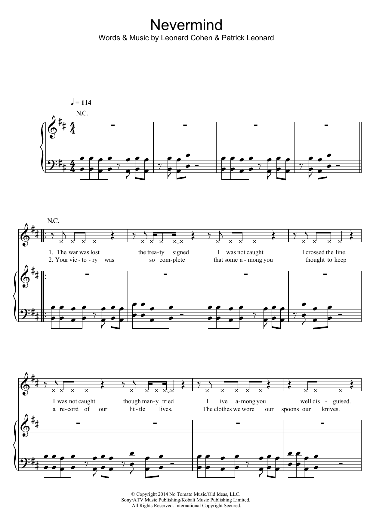 Leonard Cohen Nevermind Sheet Music Notes & Chords for Piano, Vocal & Guitar (Right-Hand Melody) - Download or Print PDF