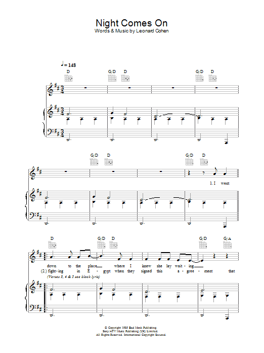Leonard Cohen Night Comes On Sheet Music Notes & Chords for Piano, Vocal & Guitar - Download or Print PDF