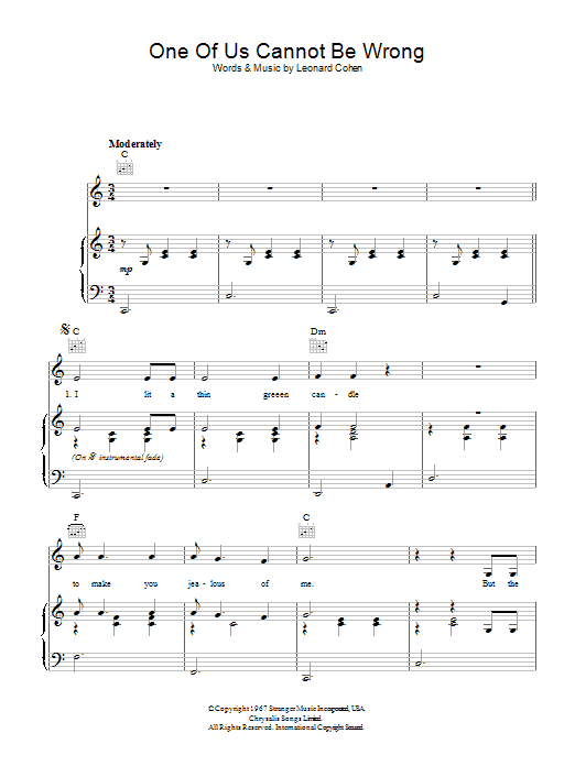 Leonard Cohen One Of Us Cannot Be Wrong Sheet Music Notes & Chords for Piano, Vocal & Guitar (Right-Hand Melody) - Download or Print PDF