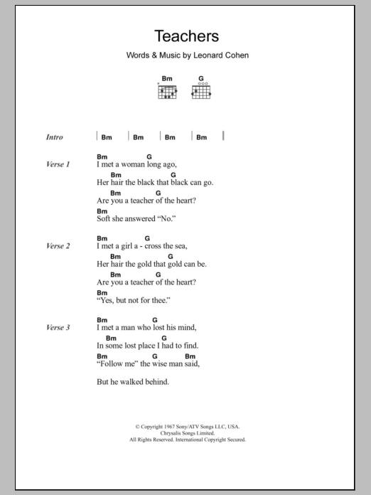 Leonard Cohen Teachers Sheet Music Notes & Chords for Lyrics & Chords - Download or Print PDF