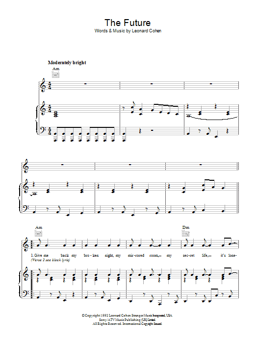 Leonard Cohen The Future Sheet Music Notes & Chords for Piano, Vocal & Guitar (Right-Hand Melody) - Download or Print PDF