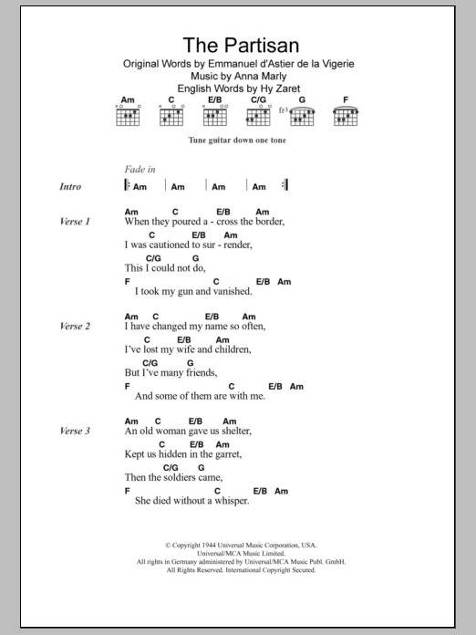 Leonard Cohen The Partisan Sheet Music Notes & Chords for Lyrics & Chords - Download or Print PDF