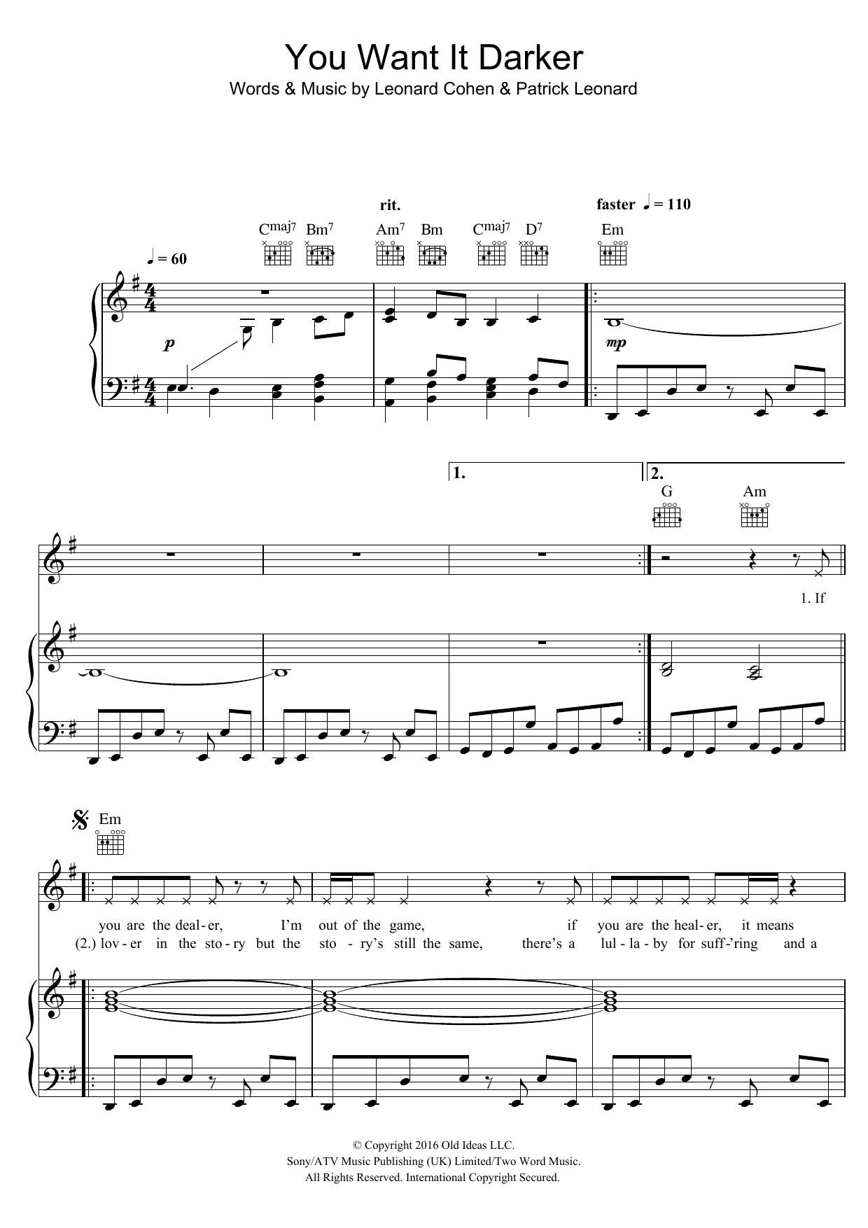 Leonard Cohen You Want It Darker Sheet Music Notes & Chords for Piano, Vocal & Guitar (Right-Hand Melody) - Download or Print PDF