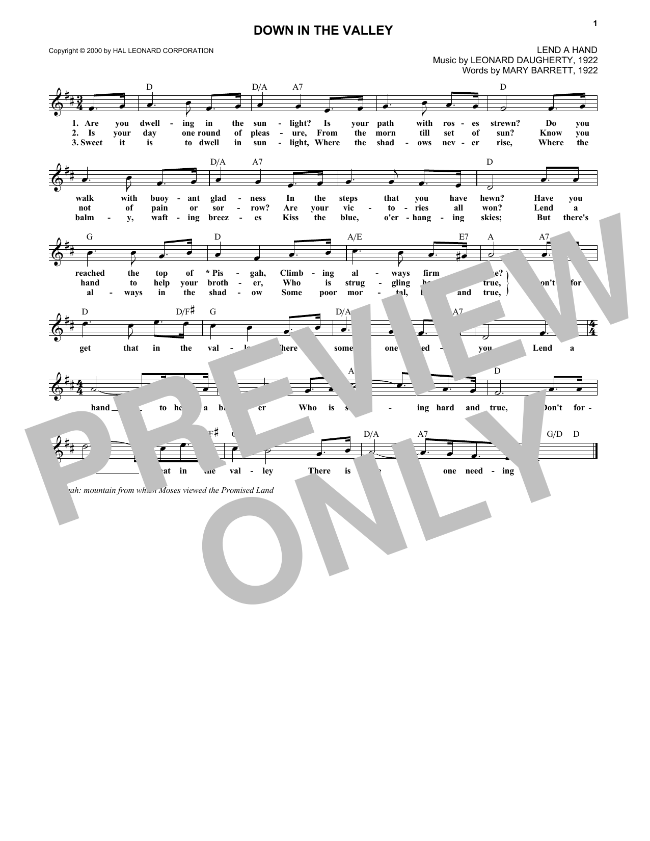 Leonard Daugherty Down In The Valley Sheet Music Notes & Chords for Melody Line, Lyrics & Chords - Download or Print PDF