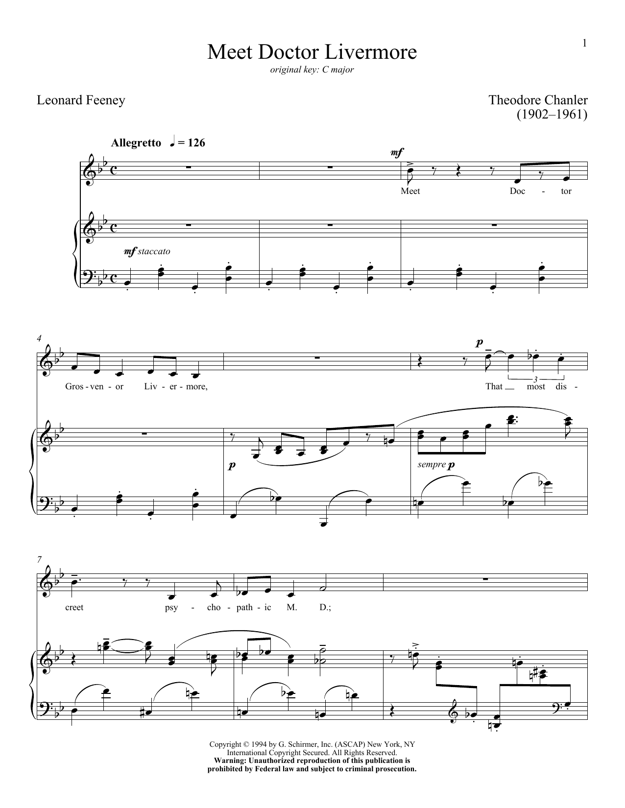 Leonard Feeney Meet Doctor Livermore Sheet Music Notes & Chords for Piano & Vocal - Download or Print PDF