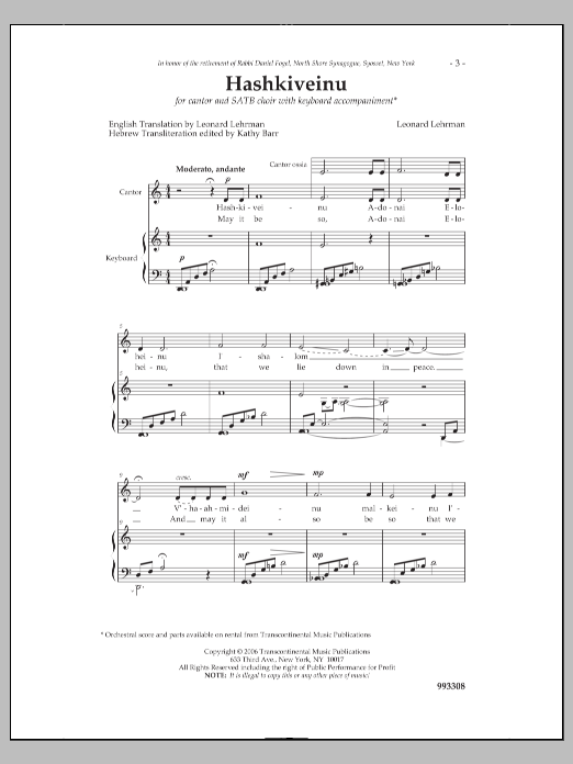 Leonard Lehrman Hashkiveinu Sheet Music Notes & Chords for Choral - Download or Print PDF