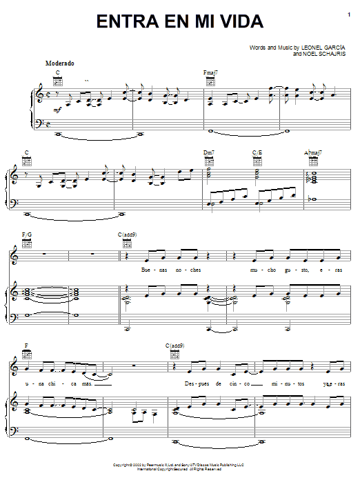 Leonel Garcia Entra en mi vida Sheet Music Notes & Chords for Piano, Vocal & Guitar (Right-Hand Melody) - Download or Print PDF