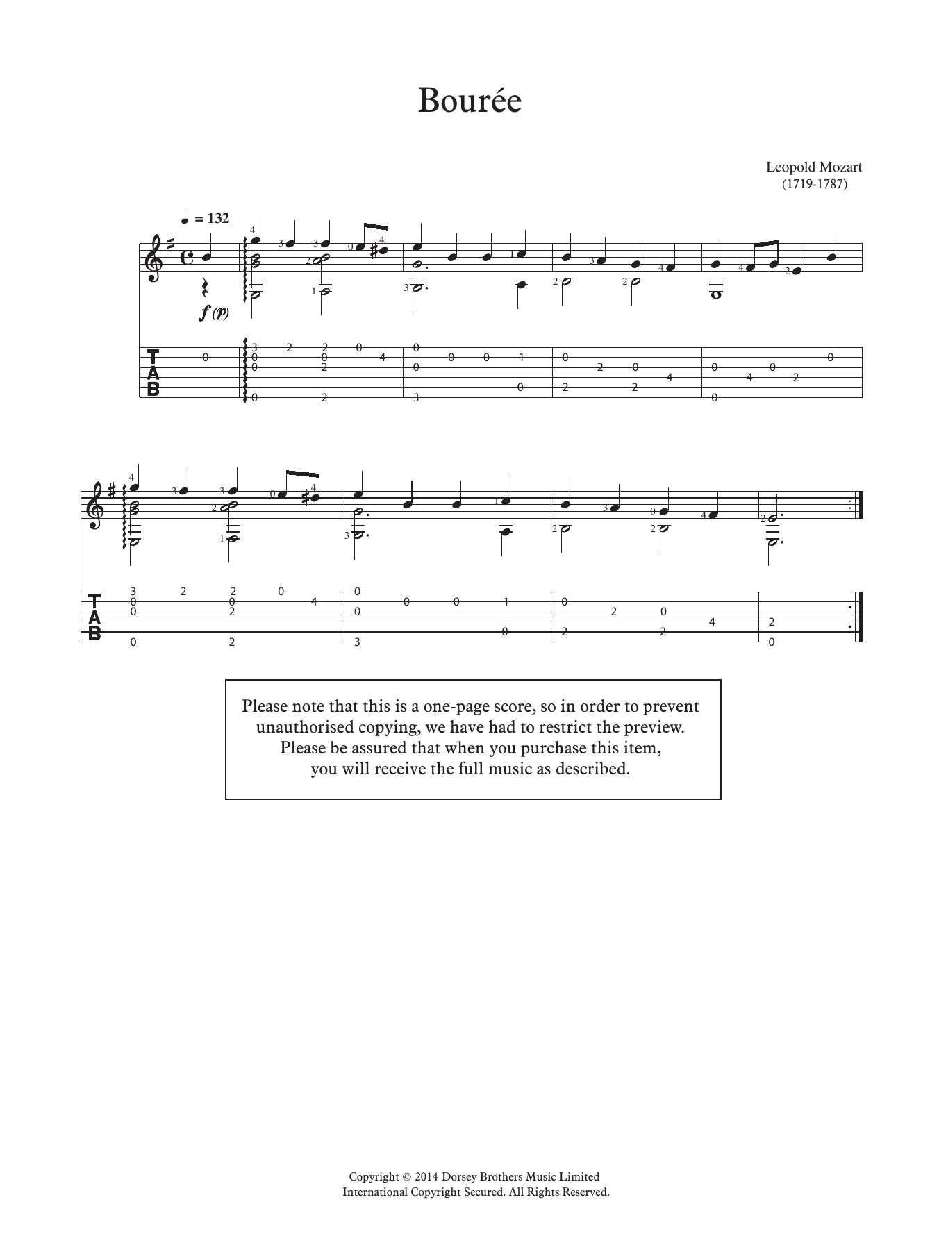 Leopold Mozart Bouree Sheet Music Notes & Chords for Guitar - Download or Print PDF