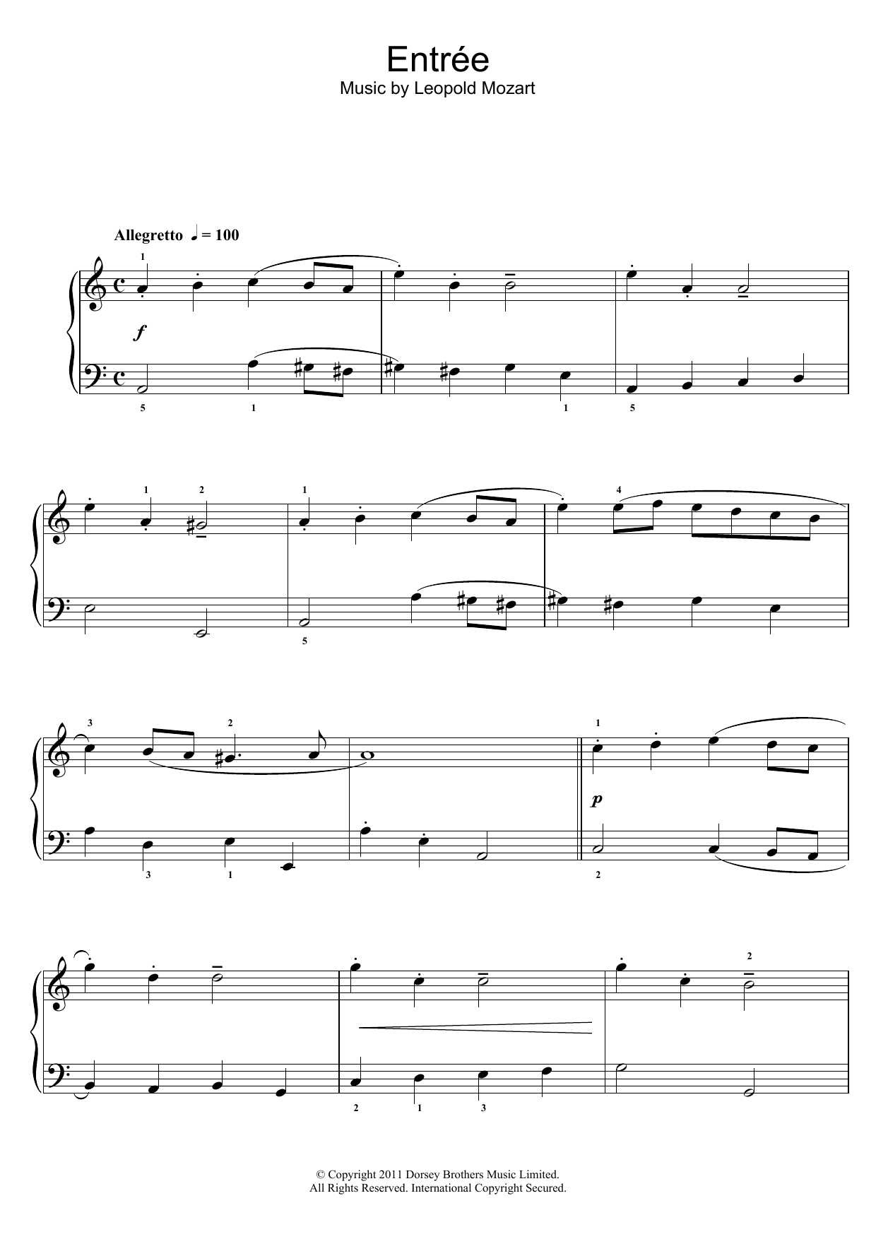 Leopold Mozart Entree Sheet Music Notes & Chords for Piano - Download or Print PDF