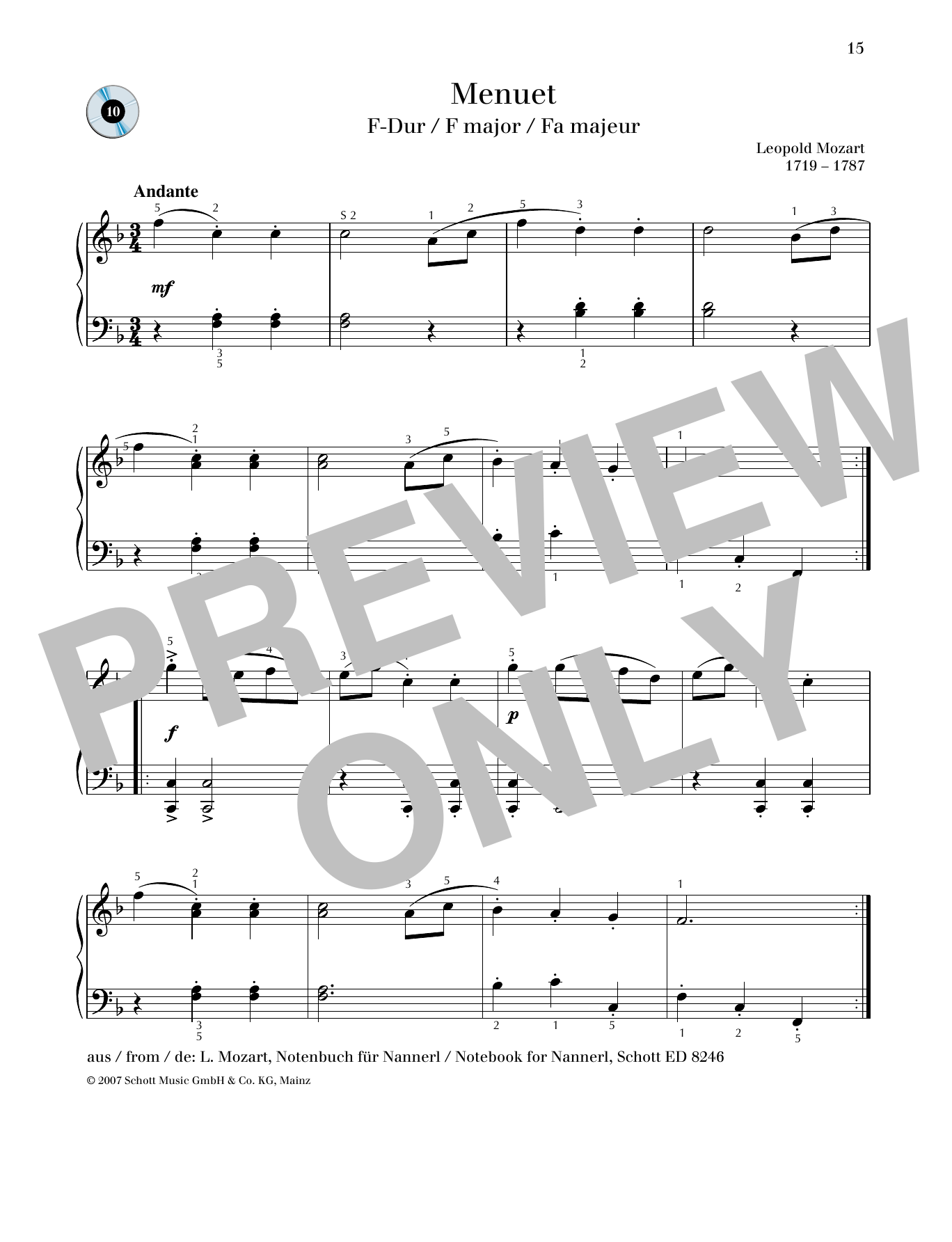 Leopold Mozart Minuet F major Sheet Music Notes & Chords for Piano Solo - Download or Print PDF