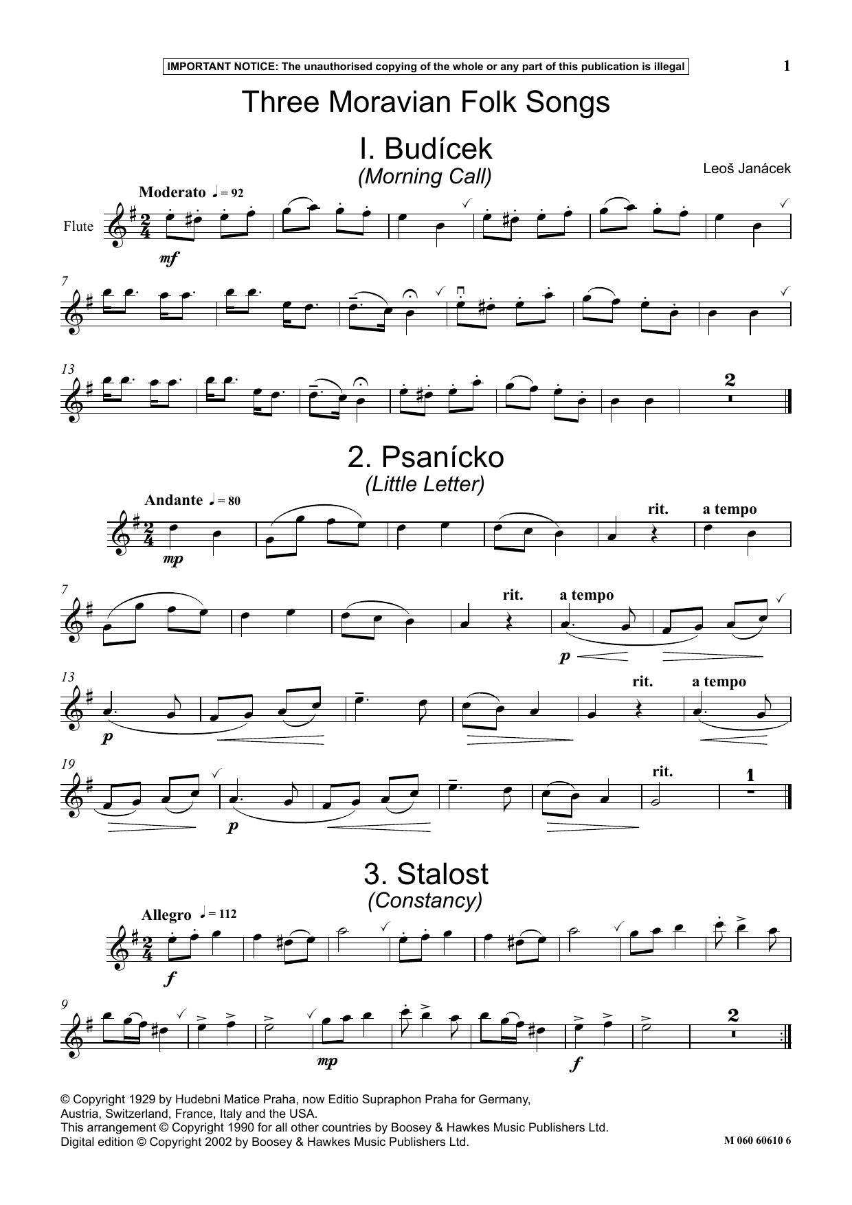 Leos Janácek Three Moravian Folk Songs Sheet Music Notes & Chords for Instrumental Solo - Download or Print PDF