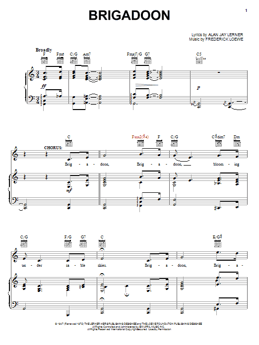 Lerner & Loewe Brigadoon Sheet Music Notes & Chords for Piano, Vocal & Guitar (Right-Hand Melody) - Download or Print PDF