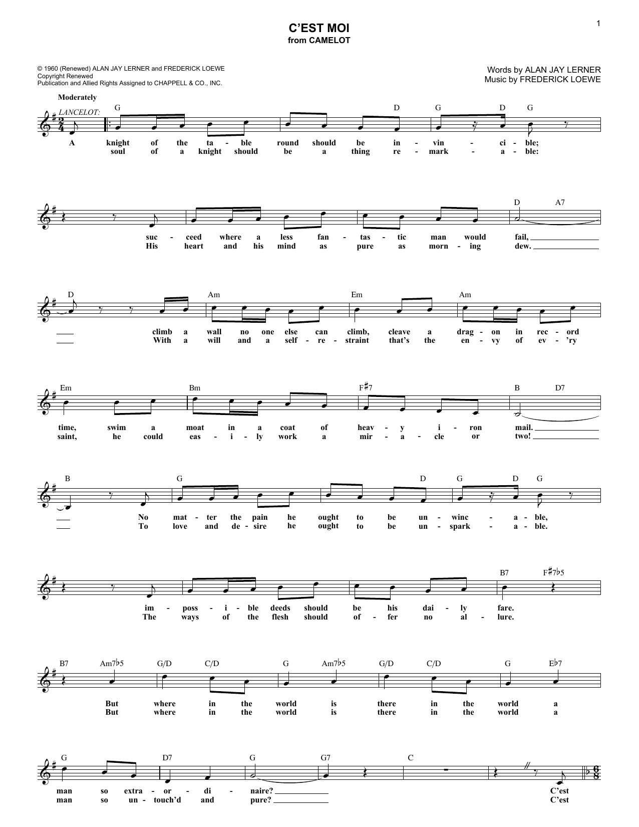 Lerner & Loewe C'est Moi Sheet Music Notes & Chords for Melody Line, Lyrics & Chords - Download or Print PDF