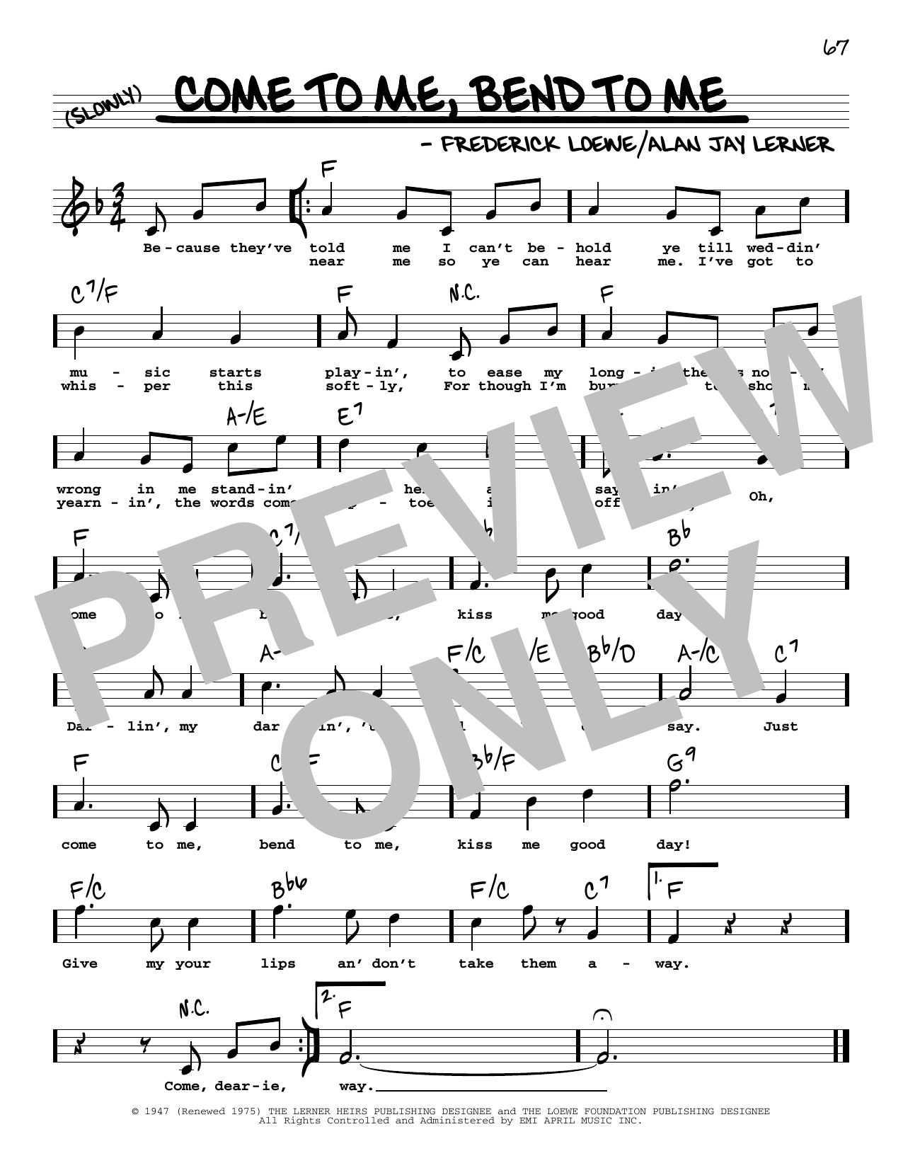 Lerner & Loewe Come To Me, Bend To Me (High Voice) Sheet Music Notes & Chords for Real Book – Melody, Lyrics & Chords - Download or Print PDF