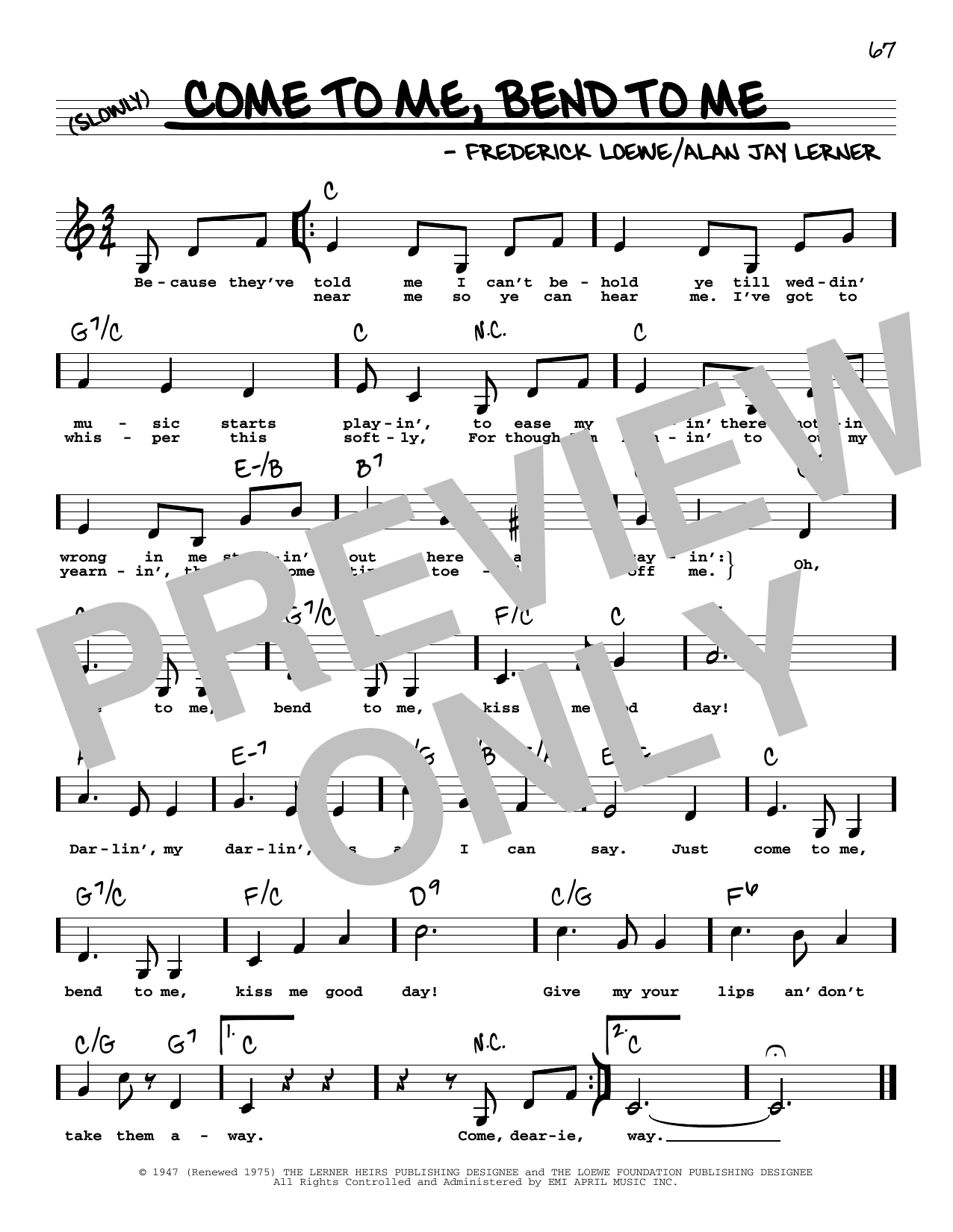 Lerner & Loewe Come To Me, Bend To Me (Low Voice) Sheet Music Notes & Chords for Real Book – Melody, Lyrics & Chords - Download or Print PDF
