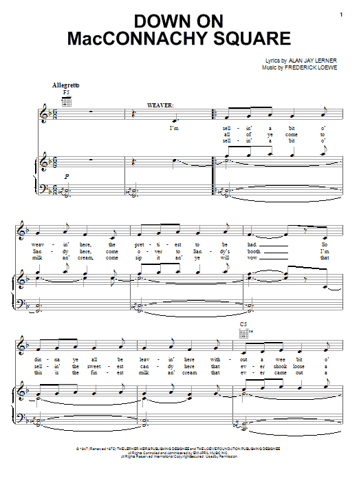 Lerner & Loewe Down On MacConnachy Square Sheet Music Notes & Chords for Piano, Vocal & Guitar (Right-Hand Melody) - Download or Print PDF