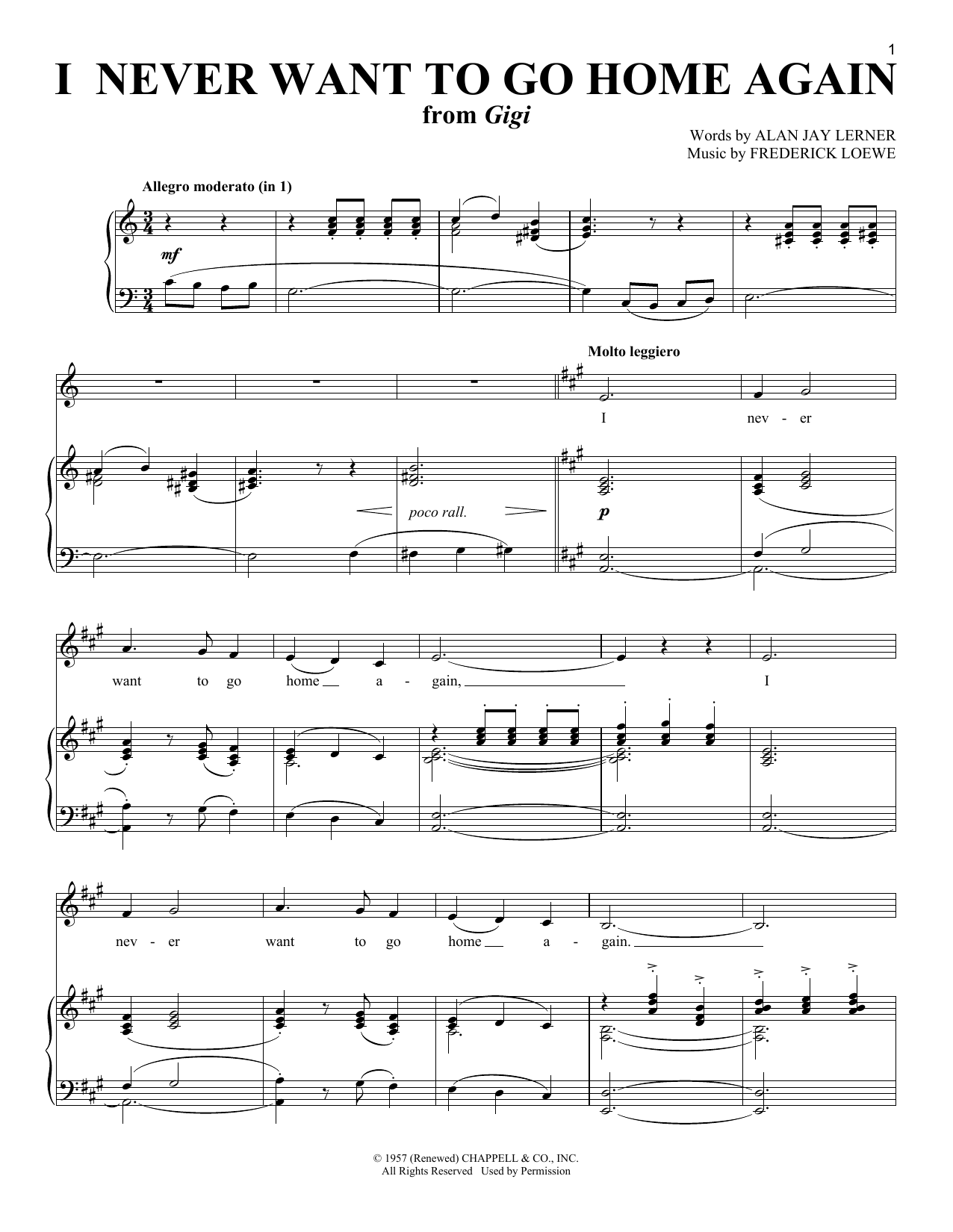 Lerner & Loewe I Never Want To Go Home Again (from Gigi) Sheet Music Notes & Chords for Piano & Vocal - Download or Print PDF