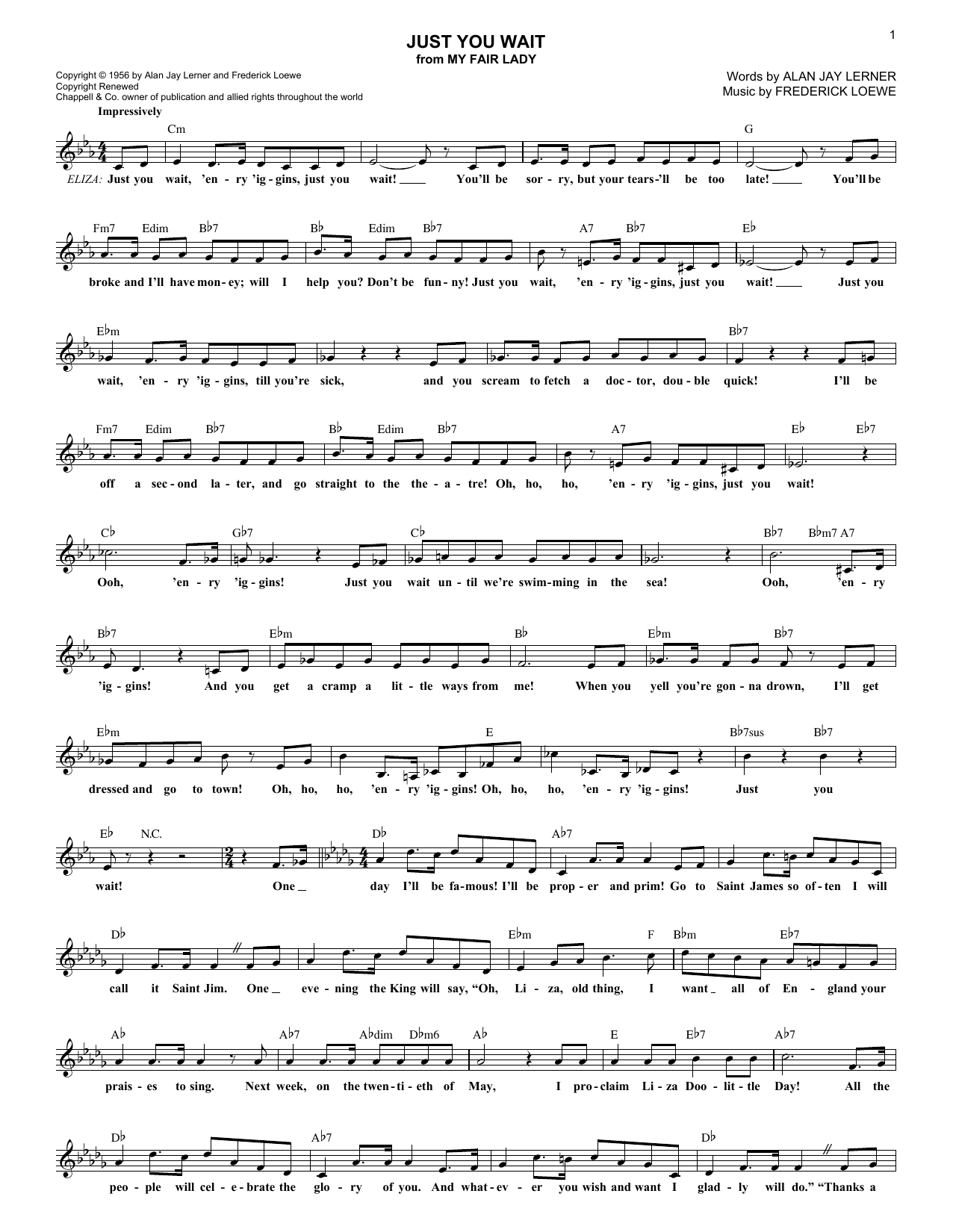 Lerner & Loewe Just You Wait Sheet Music Notes & Chords for Melody Line, Lyrics & Chords - Download or Print PDF