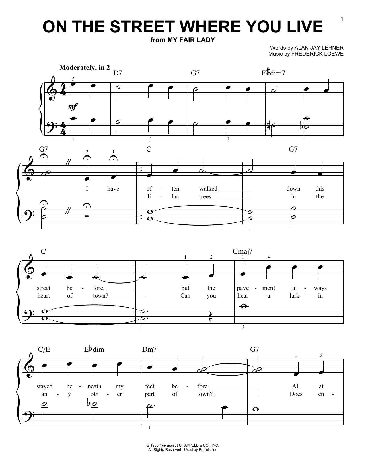 Lerner & Loewe On The Street Where You Live (from My Fair Lady) Sheet Music Notes & Chords for Very Easy Piano - Download or Print PDF