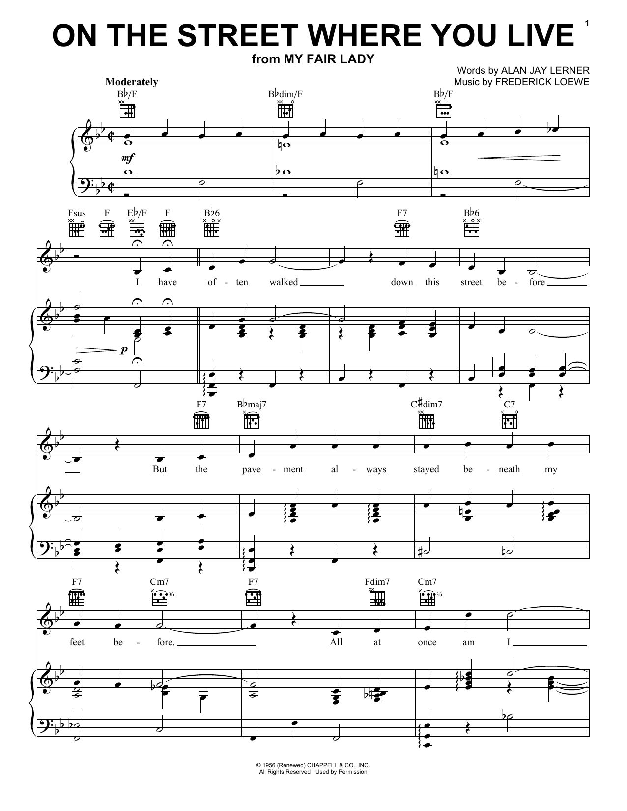 Lerner & Loewe On The Street Where You Live Sheet Music Notes & Chords for Piano, Vocal & Guitar (Right-Hand Melody) - Download or Print PDF