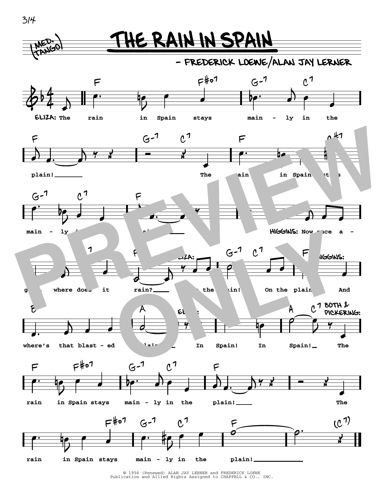Lerner & Loewe The Rain In Spain (from My Fair Lady) (High Voice) Sheet Music Notes & Chords for Real Book – Melody, Lyrics & Chords - Download or Print PDF