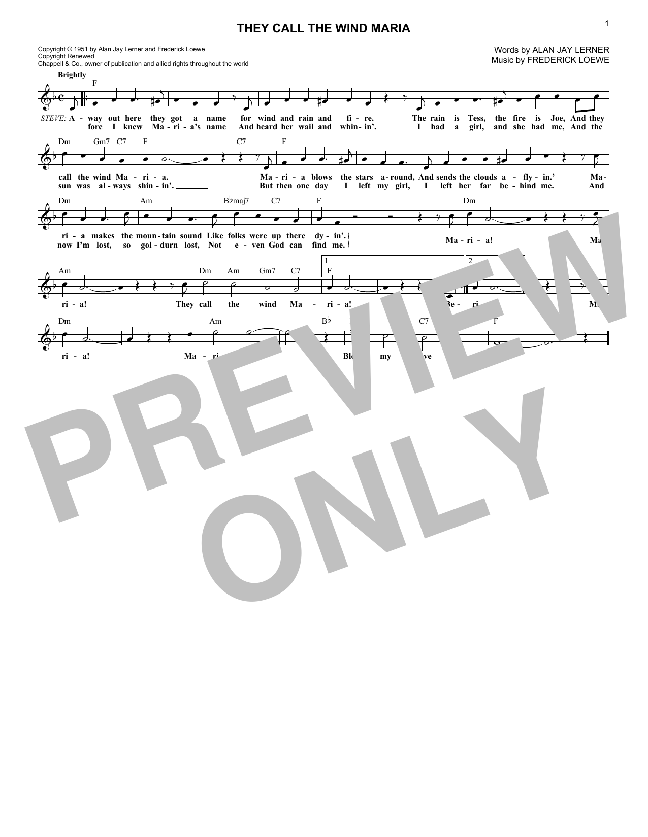 Lerner & Loewe They Call The Wind Maria (from Paint Your Wagon) Sheet Music Notes & Chords for Lead Sheet / Fake Book - Download or Print PDF