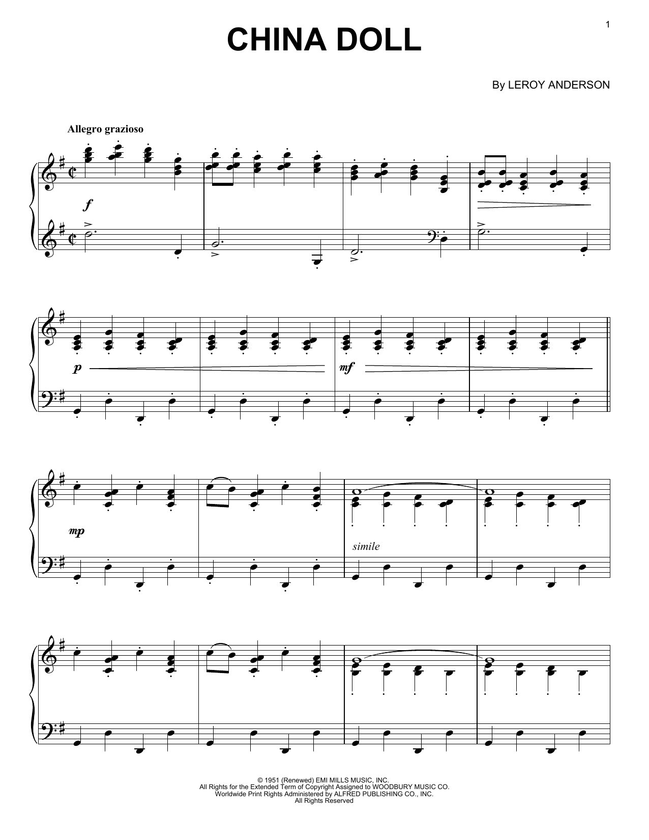 Leroy Anderson China Doll Sheet Music Notes & Chords for Piano - Download or Print PDF Leroy Anderson China Doll Sheet Music Notes & Chords for Piano - Download or Print PDF