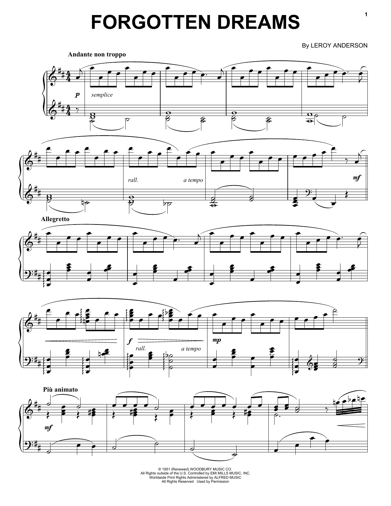 Leroy Anderson Forgotten Dreams Sheet Music Notes & Chords for Piano - Download or Print PDF