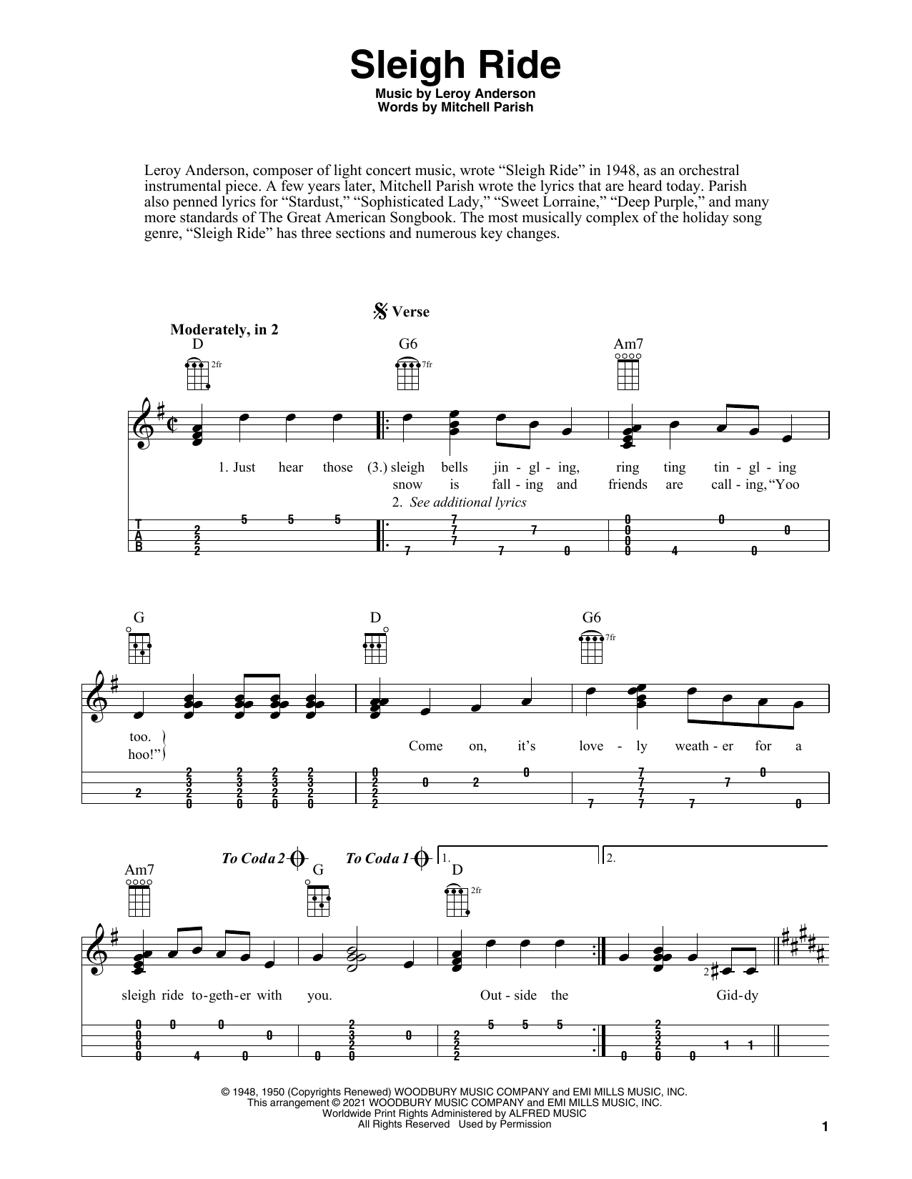 Leroy Anderson Sleigh Ride (arr. Fred Sokolow) Sheet Music Notes & Chords for Ukulele - Download or Print PDF