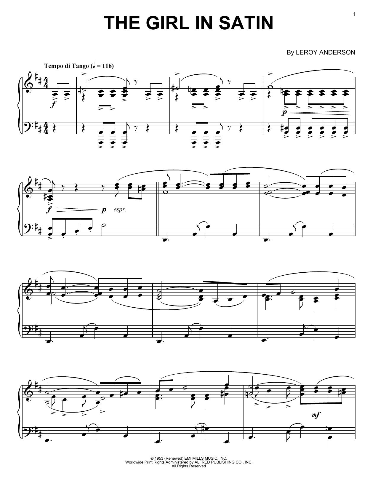 Leroy Anderson The Girl In Satin Sheet Music Notes & Chords for Piano - Download or Print PDF