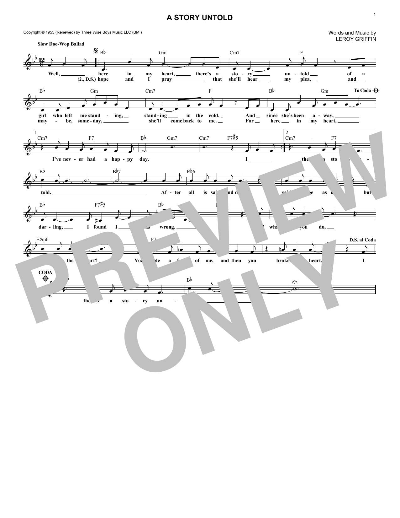 Leroy Griffin A Story Untold Sheet Music Notes & Chords for Melody Line, Lyrics & Chords - Download or Print PDF